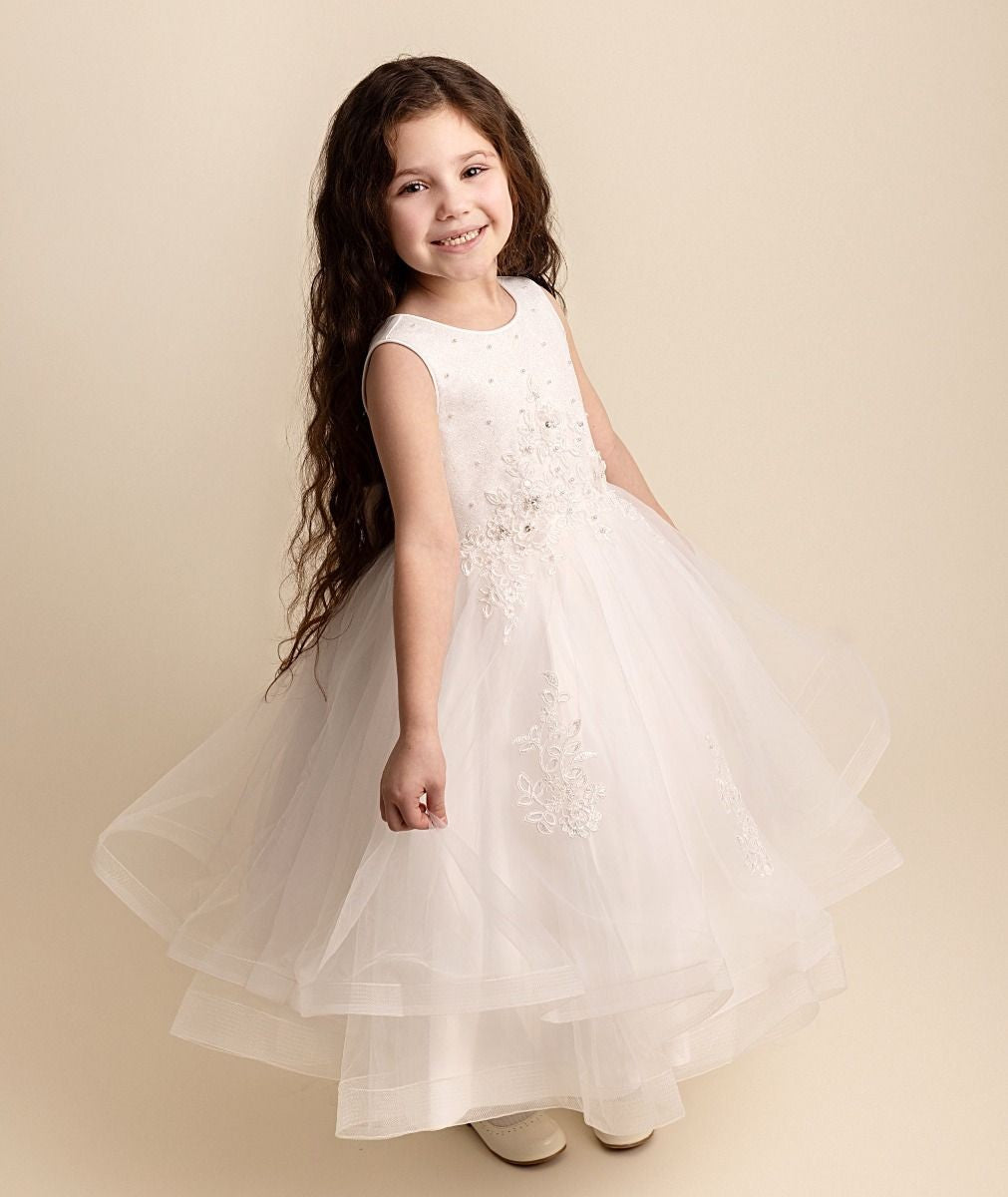 Girls Ivory Floral Embroidered Tulle Dress - RAQUEL - Ivory