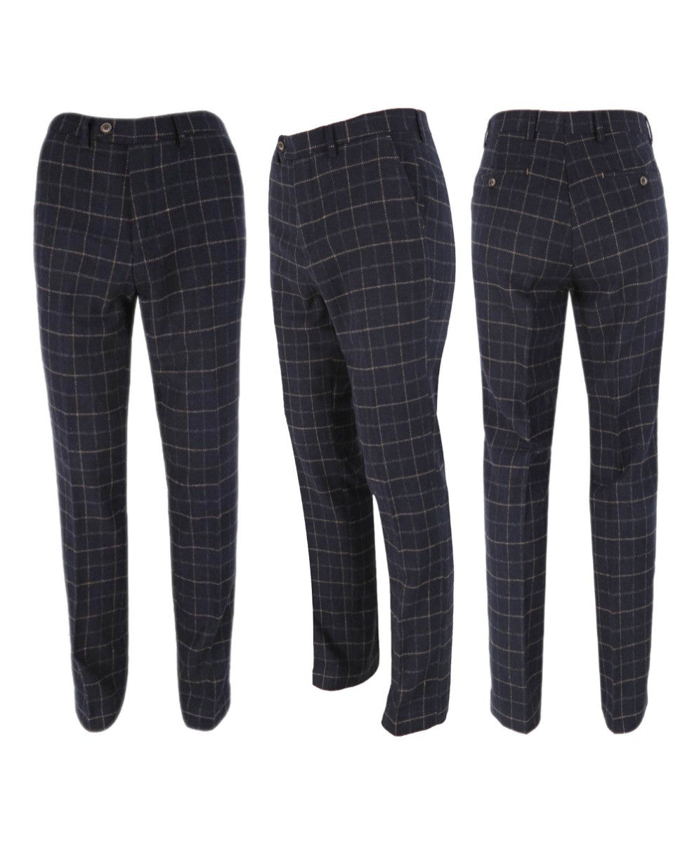 Men's Tweed Check Slim Fit Navy Trousers - SHELBY - Navy Blue