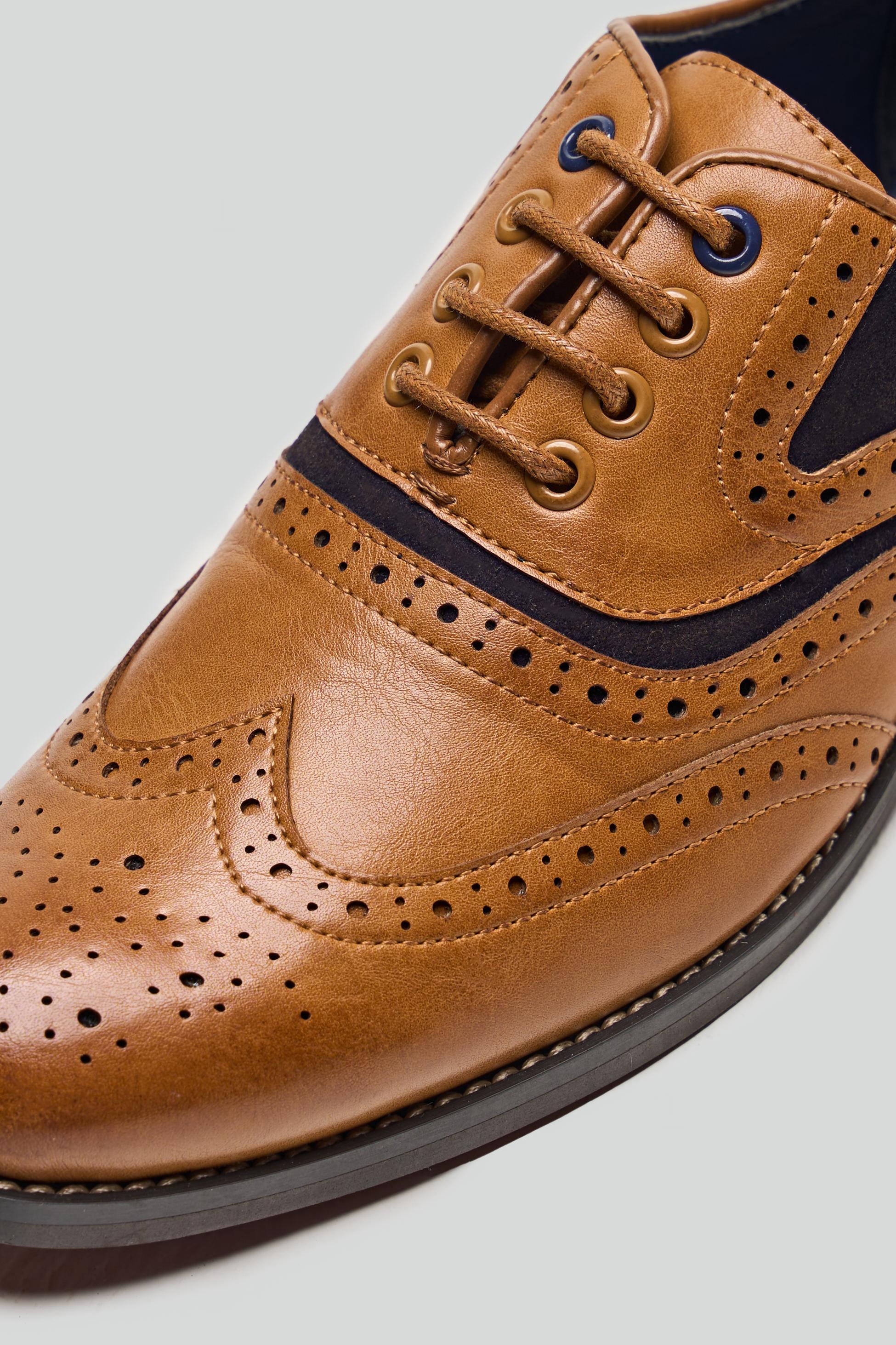 Boys Lace Up Oxford Brogue shoes - RUSSEL - Tan Brown - Navy Blue