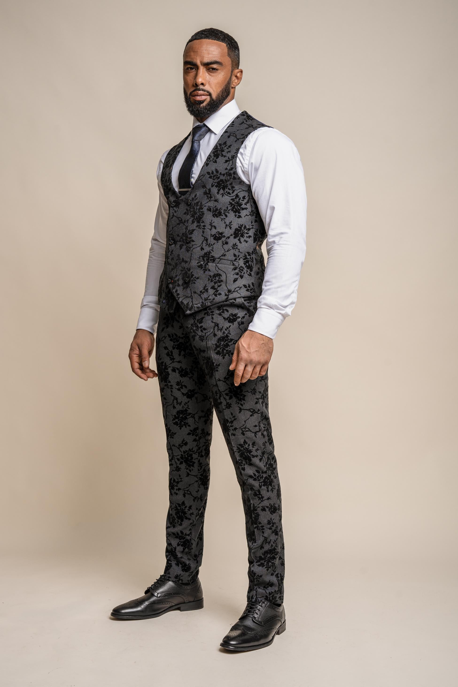 Men's Black Velvet Floral Embroidered Suit- GEORGI - Black