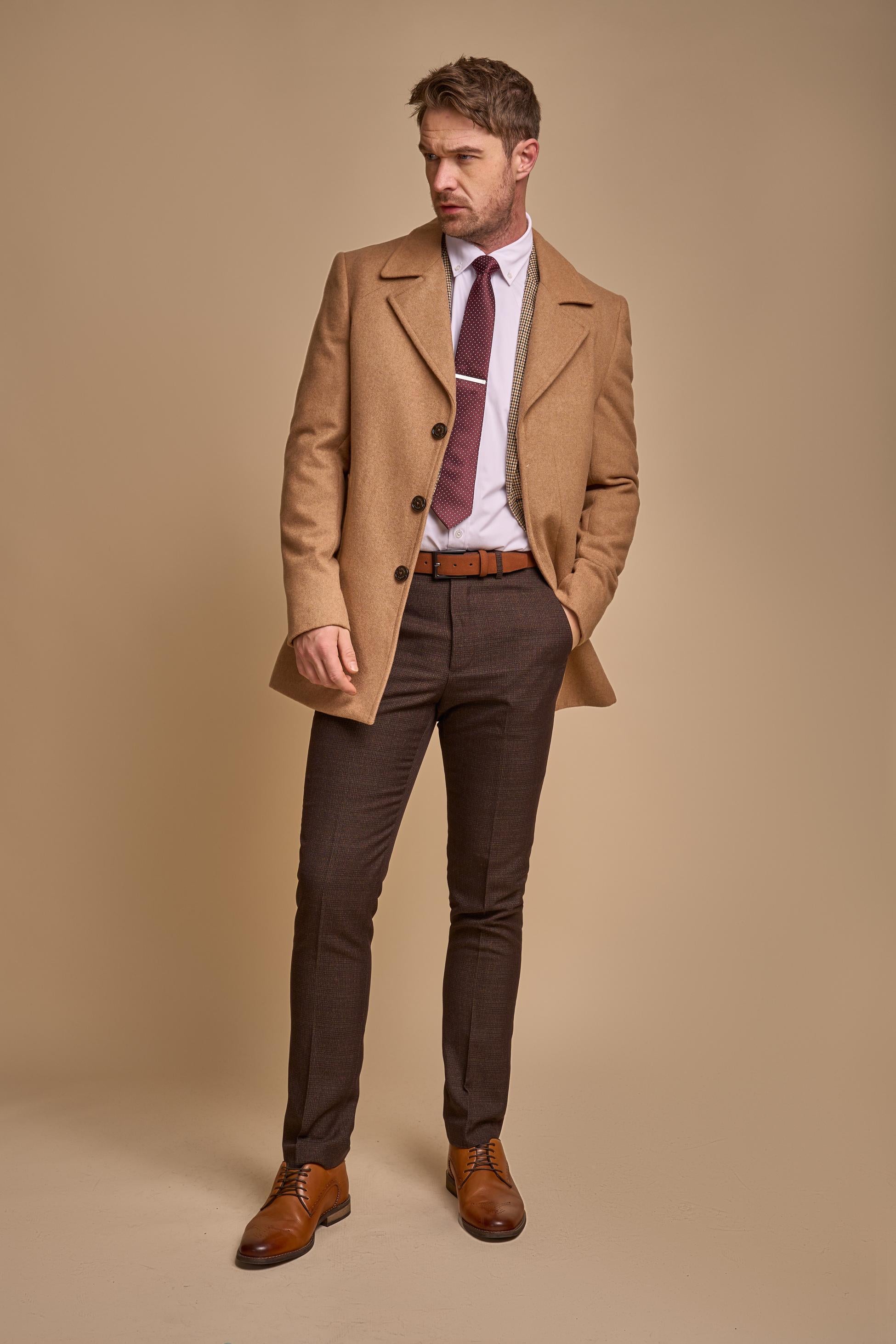 Men's Slim Fit Wool Blend Coat - MARCUS - Camel Brown