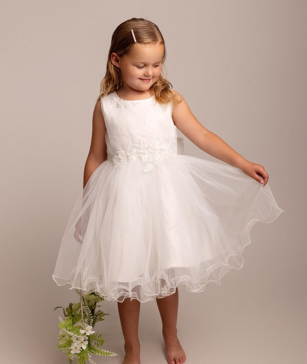 Girls Ivory Floral Appliques Tulle Dress - Monica - Ivory