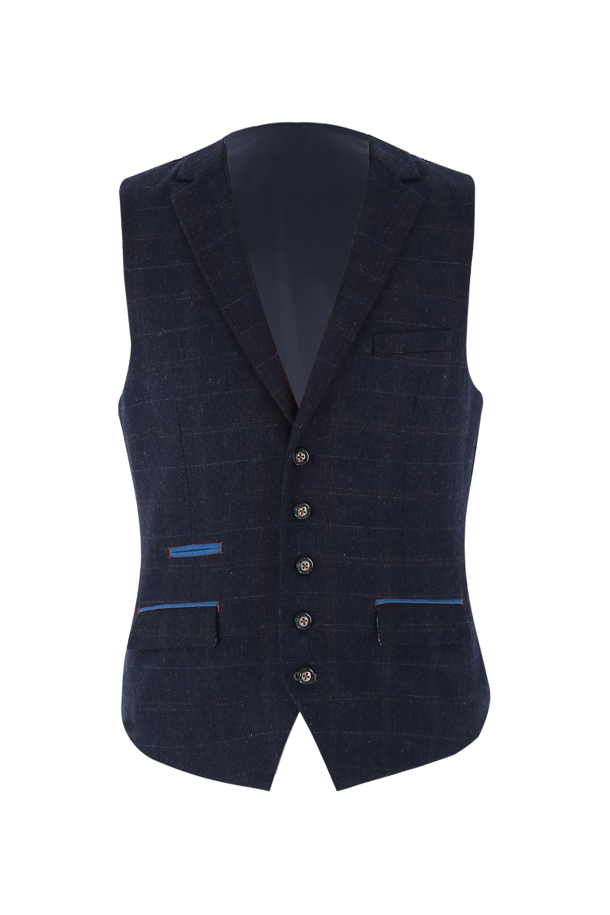 Men's Tweed Windowpane Check Navy Blue Waistcoat - RYAN - Navy Blue