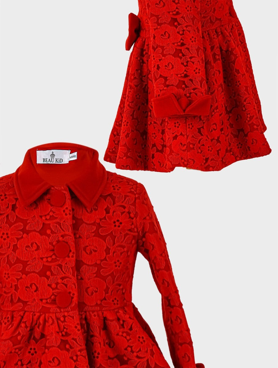 Girls Coat Floral Embroidered Lace 2 Piece Set - Red