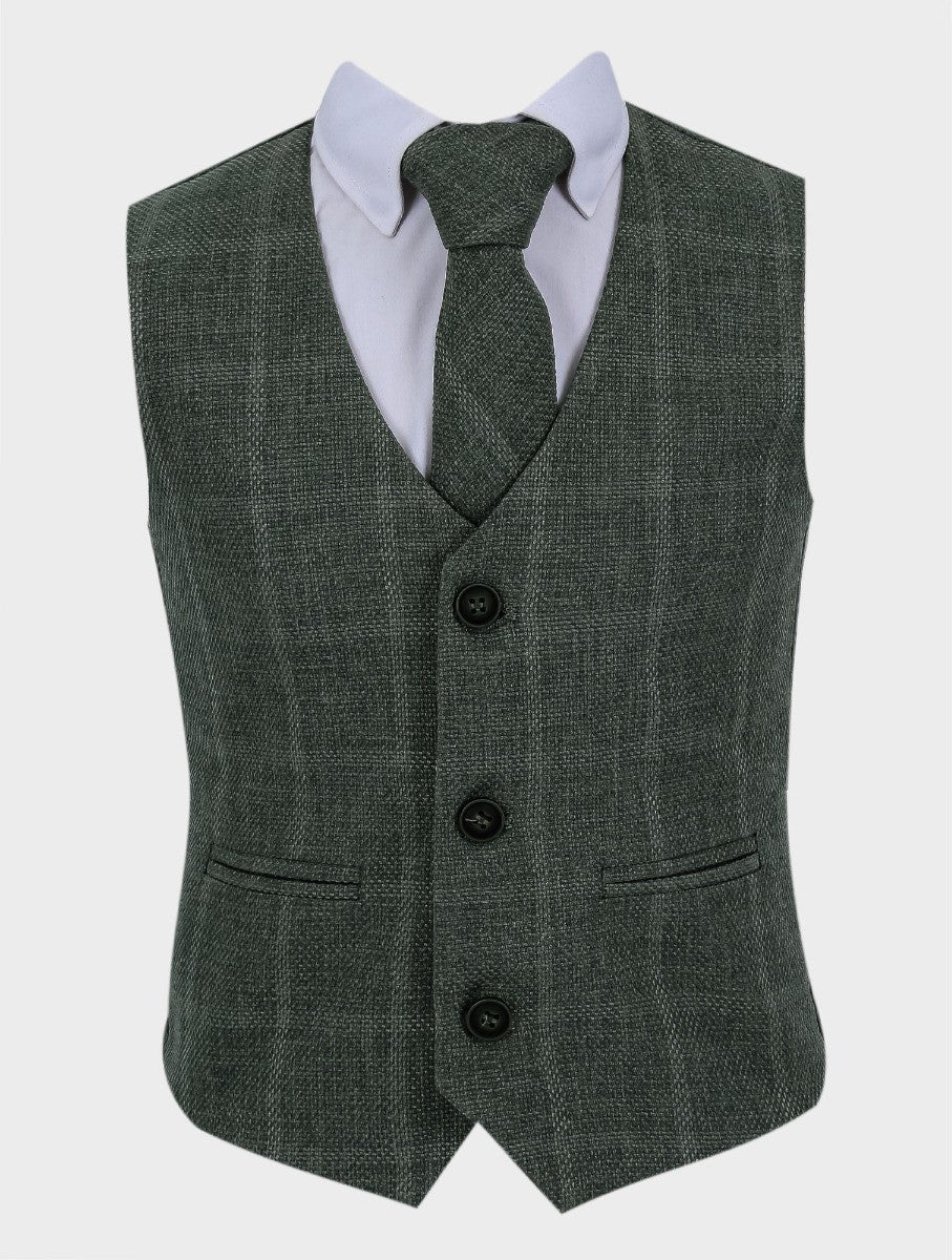 Boys Tweed Windowpane Check Cotton Waistcoat - Green