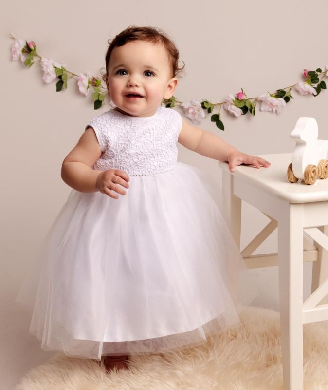 Baby Girls Christening Dress with Lace & Bow - ROSE - White