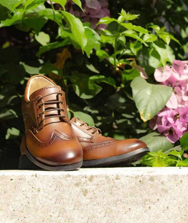 Boys Derby Brogue Lace Up Dress Shoes - Tan Brown