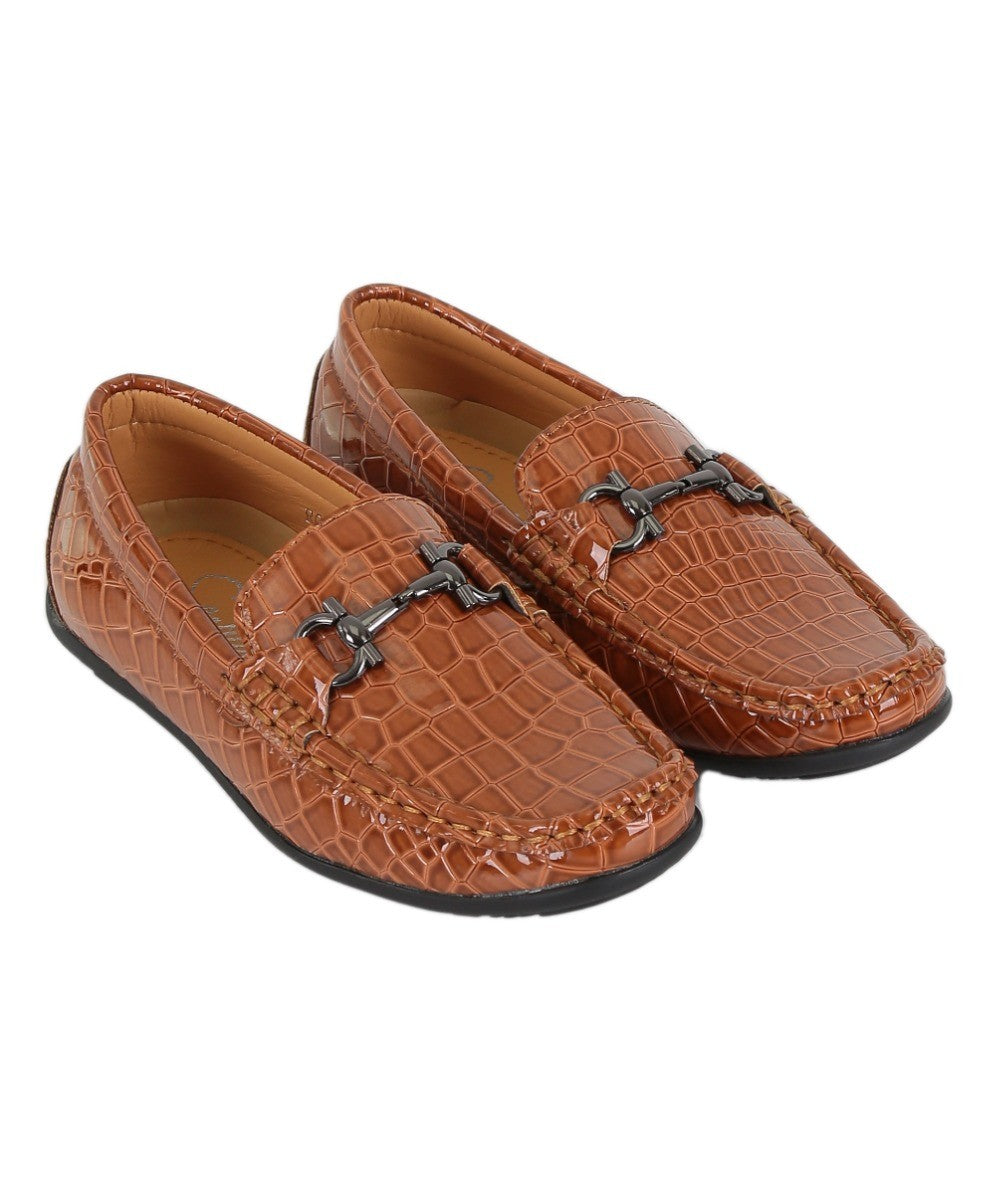 Boys Crocodile Slip on Patent Loafer Mocassin - ROBIN - Tan Brown