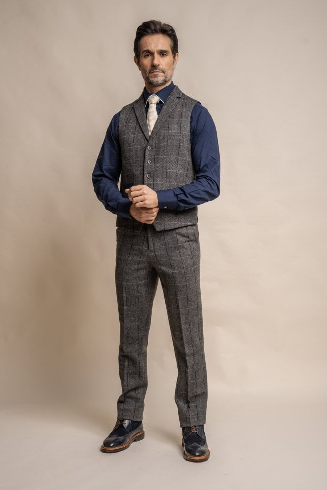 Men's Wool Blend Herringbone Check Waistcoat - Albert - Grey