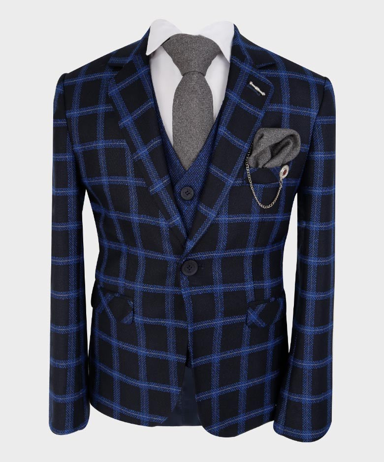 Boys Tailored Fit Windowpane Retro Check Suit - Royal Blue - Black