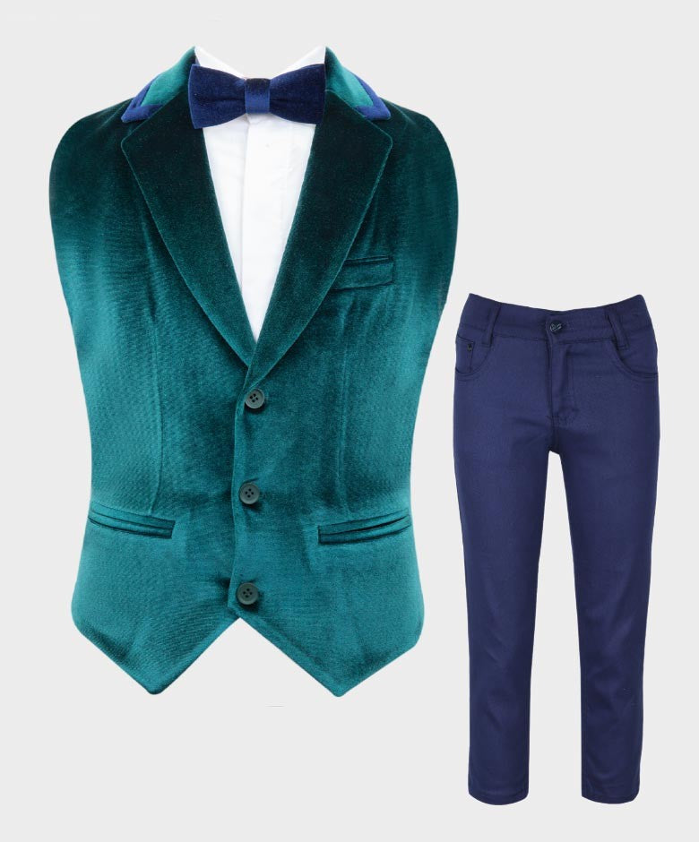 Boys Tailored Fit Velvet Blazer with Elbow Patches - Green