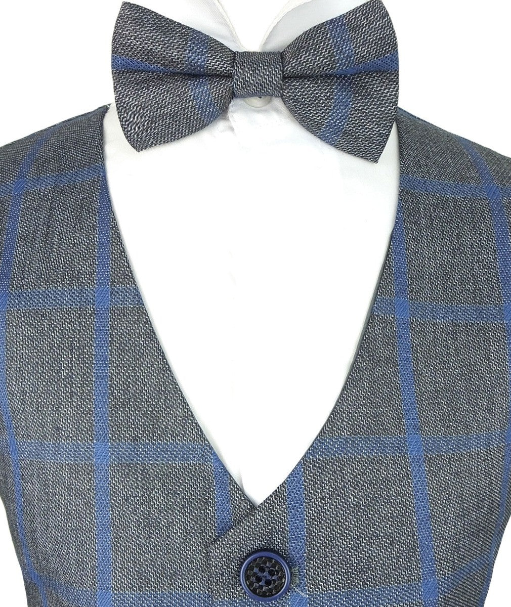 Boys Plaid Check Waistcoat Set - Grey - Blue