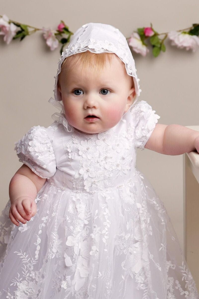 Baby Girls Lace Heirloom Christening Gown & Bonnet - RACHEAL - Off white