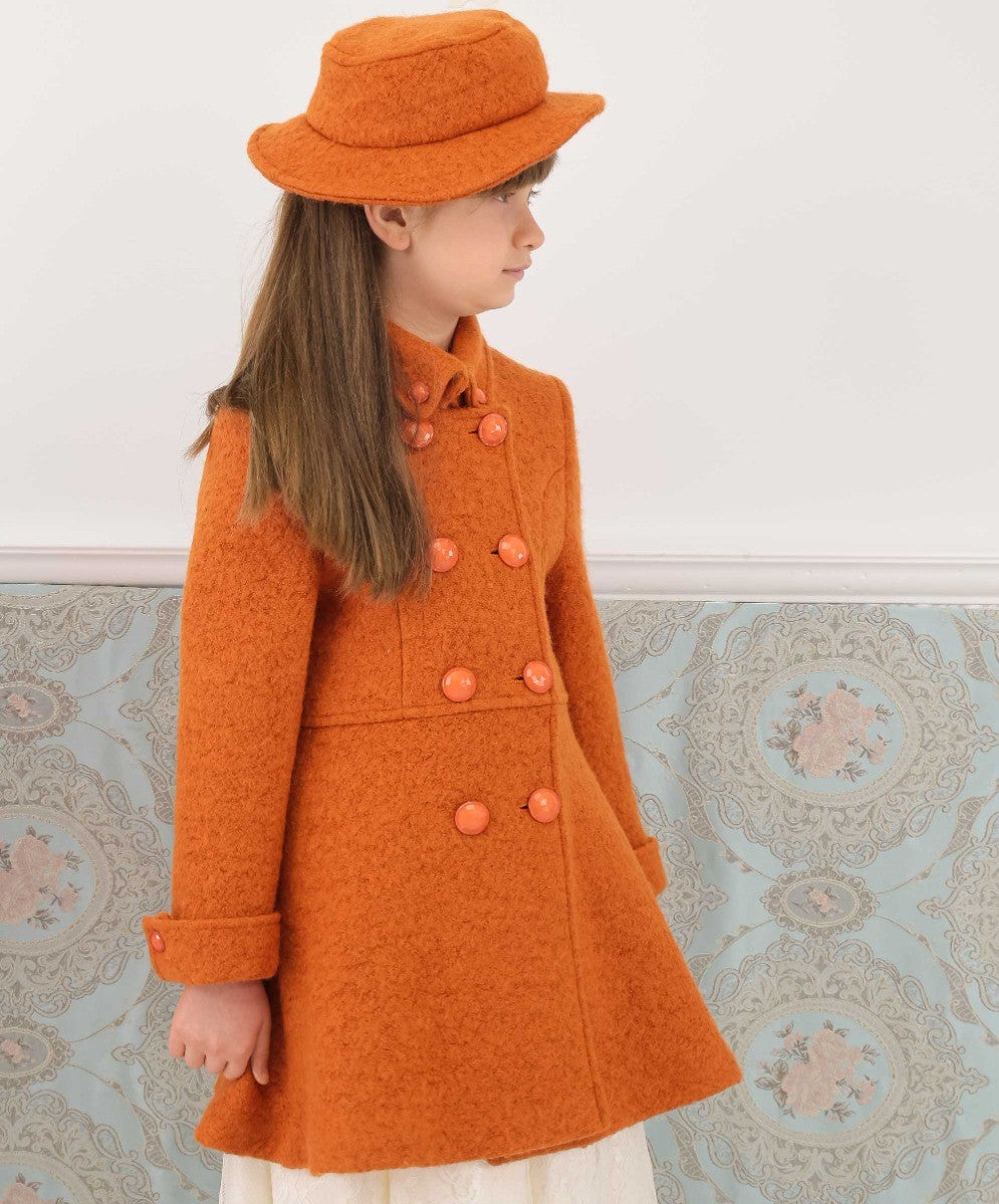 Girls Wool Double-Breasted OverCoat Set - ELIZABETH - Brick Orange