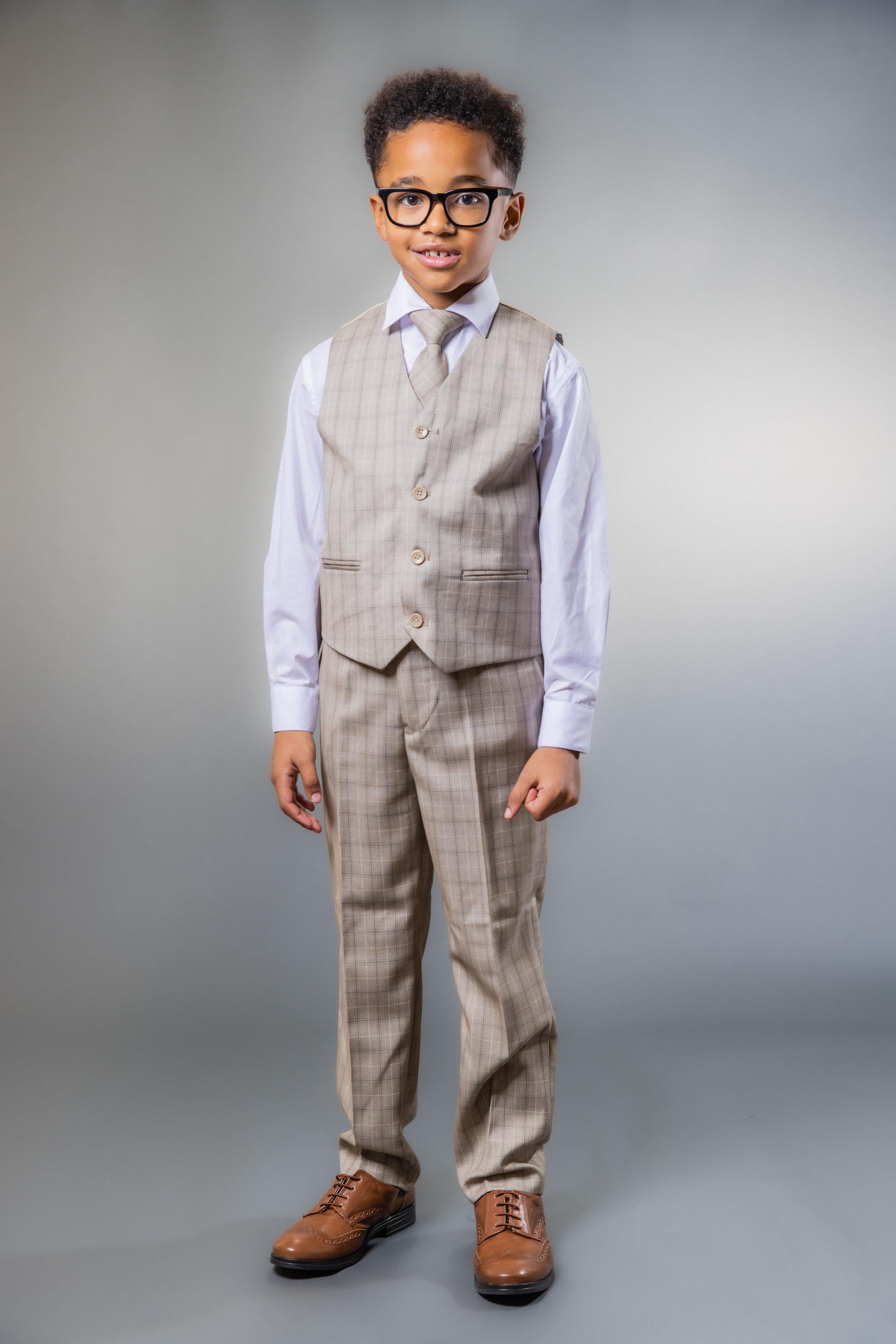 Boys Tweed Check Tailored Fit Suit - Beige and Brown