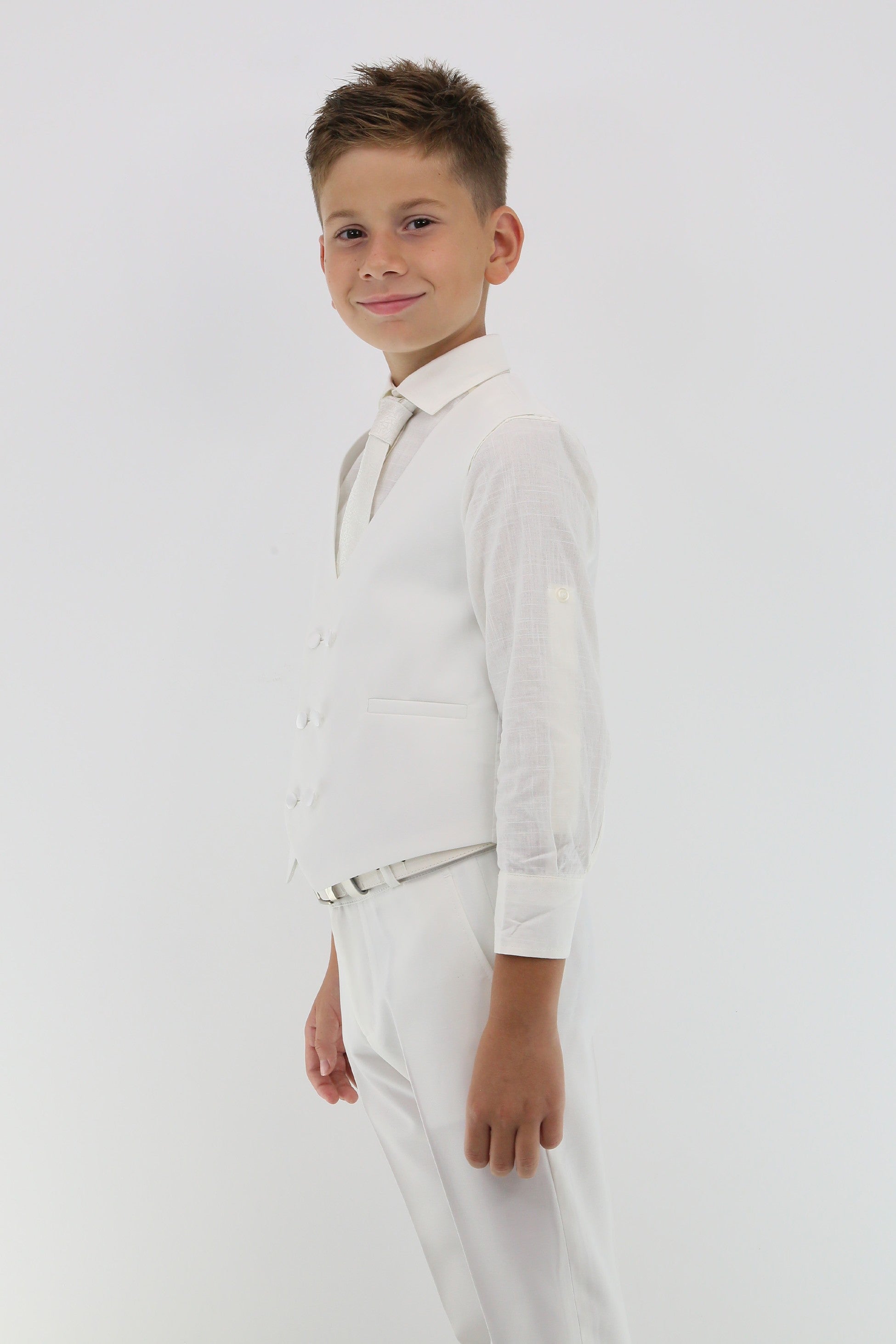 Boys Suit with Double Breasted Vest 7 PC Set - Ivory