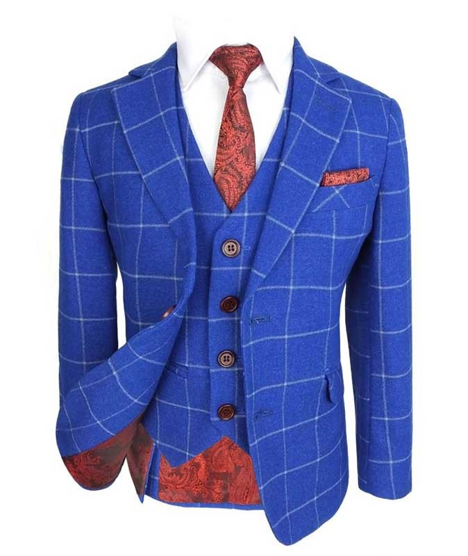 Boys Windowpane Check Slim Fit Suit - Royal Blue