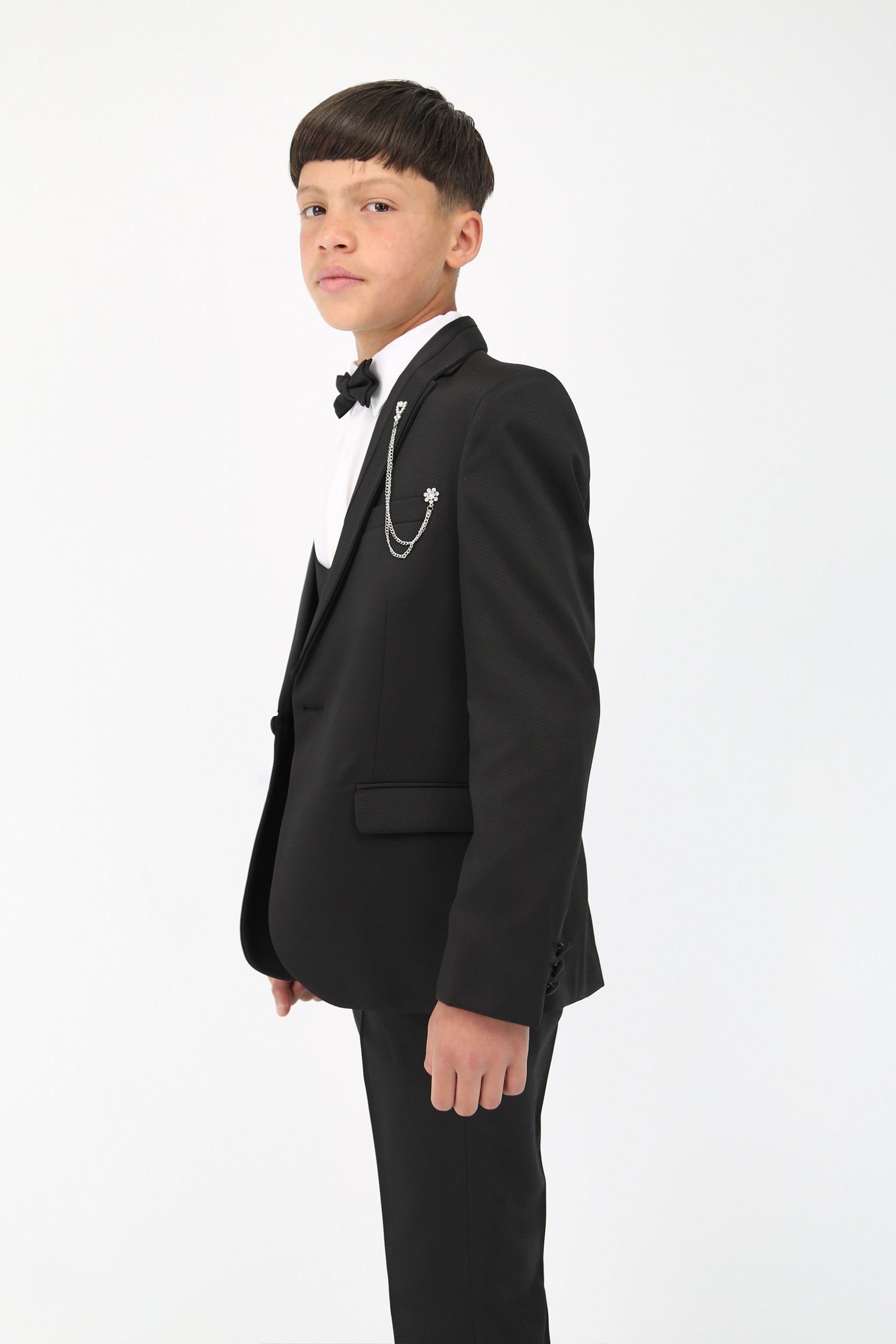 Boys' Satin Shawl Lapel Self-Patterned Tuxedo Suit, 6-Piece Set - Black