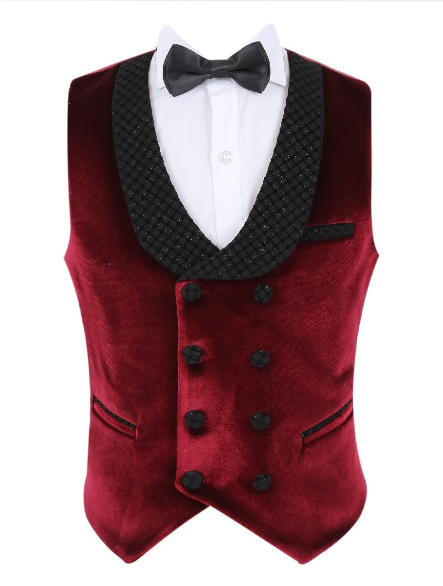 Boys Velvet Slim Fit Tuxedo Dinner Suit - Burgundy