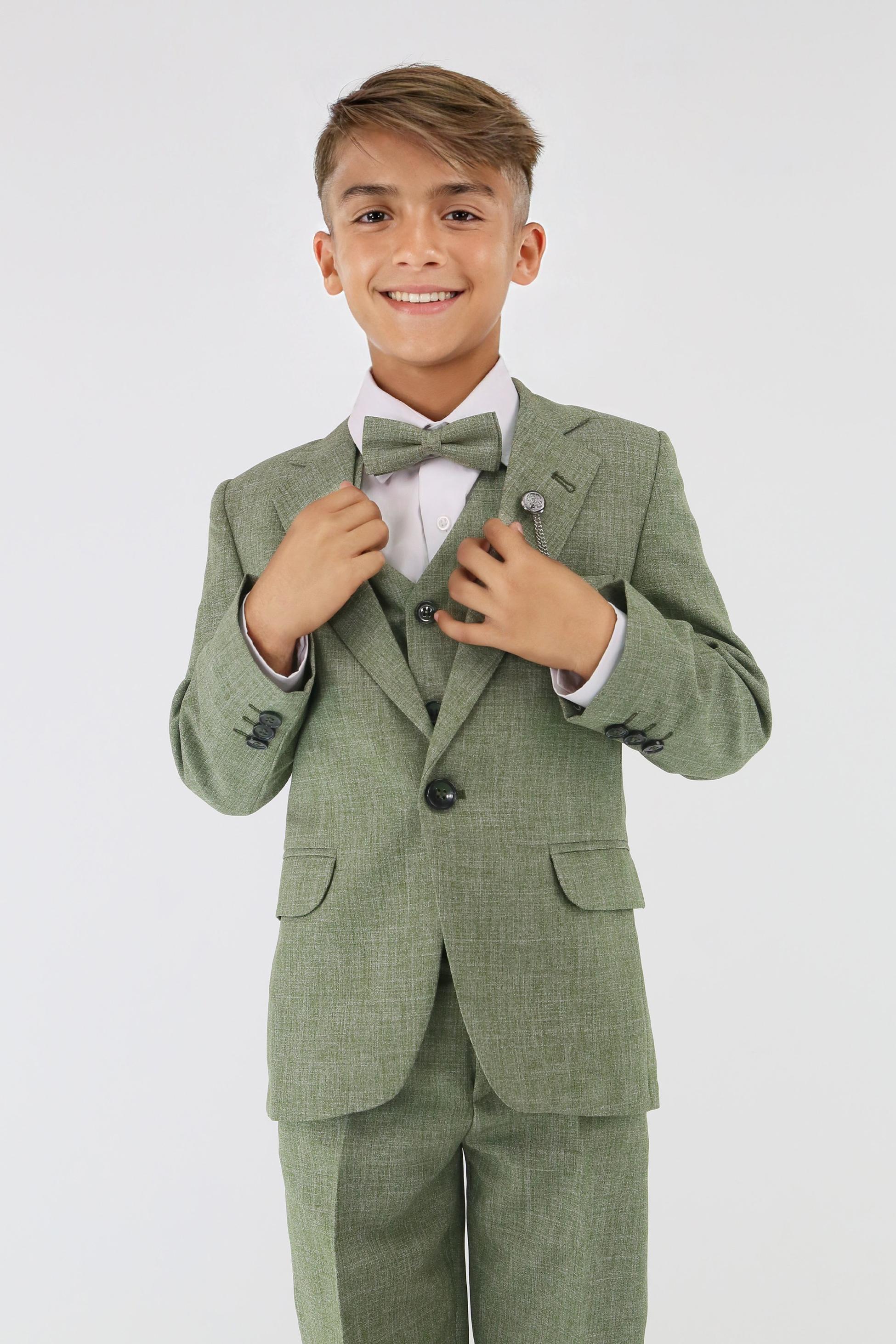 Boys Slim Fit Textured 8-Piece Formal Suit Set - Khaki Green