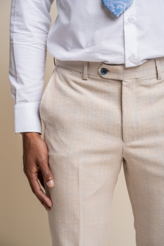 Men's Tweed Houndstooth Check Slim Fit Trousers - CARIDI - Beige