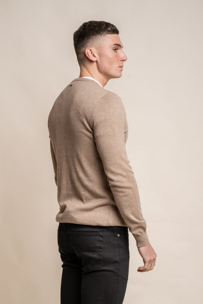 Men's Cotton Slim Fit Crewneck Jumper - Fawn Brown