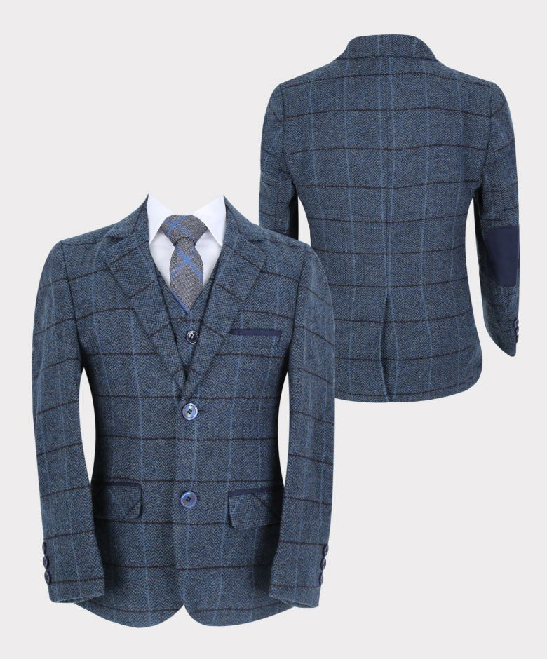 Boys Tailored Fit Herringbone Tweed Check Blue Suit - Blue