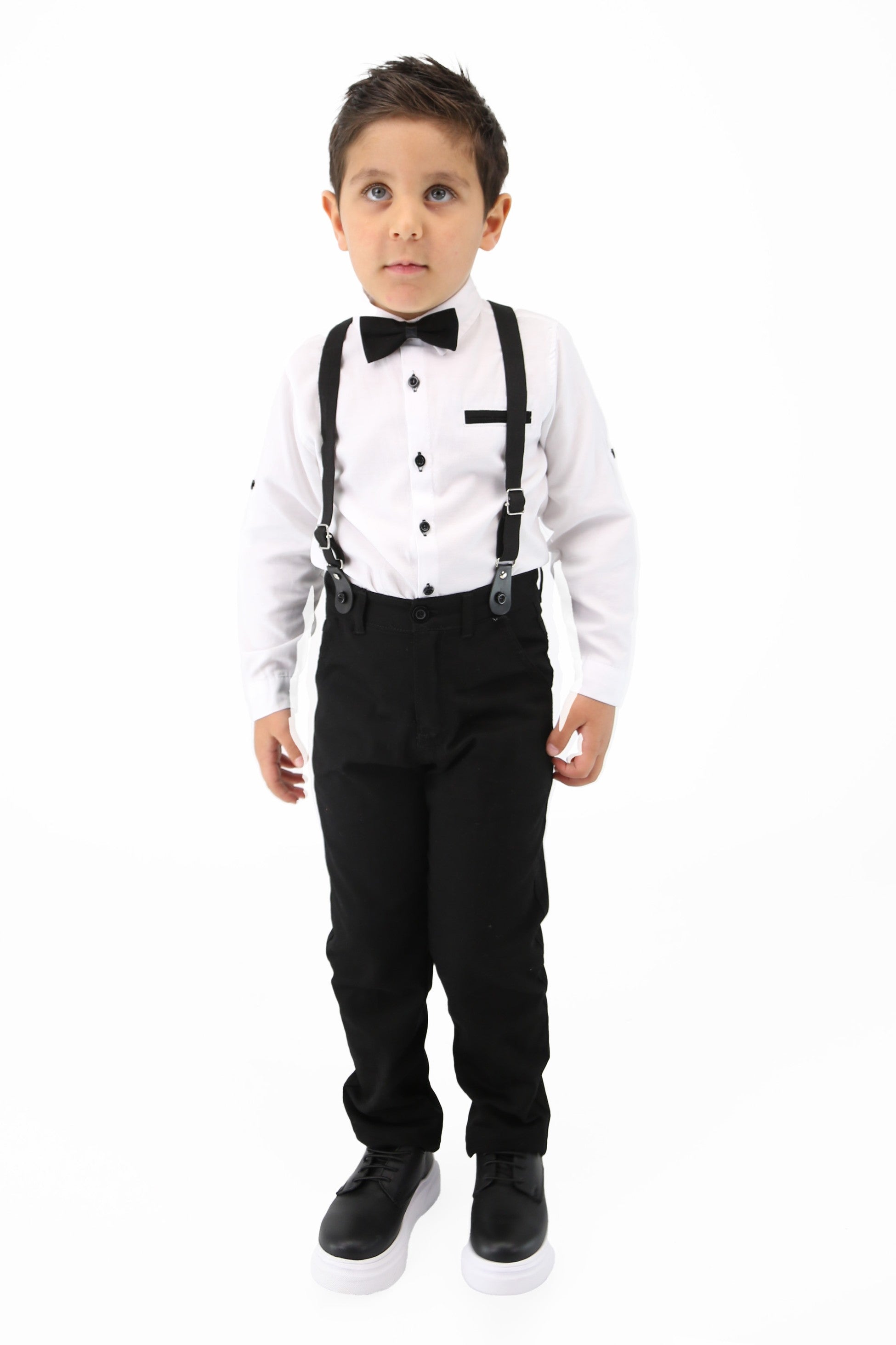 Baby & Boy Gentleman Outfit - 4 Piece Suspenders Pant Suit Set - OXFORD - White - Navy Blue