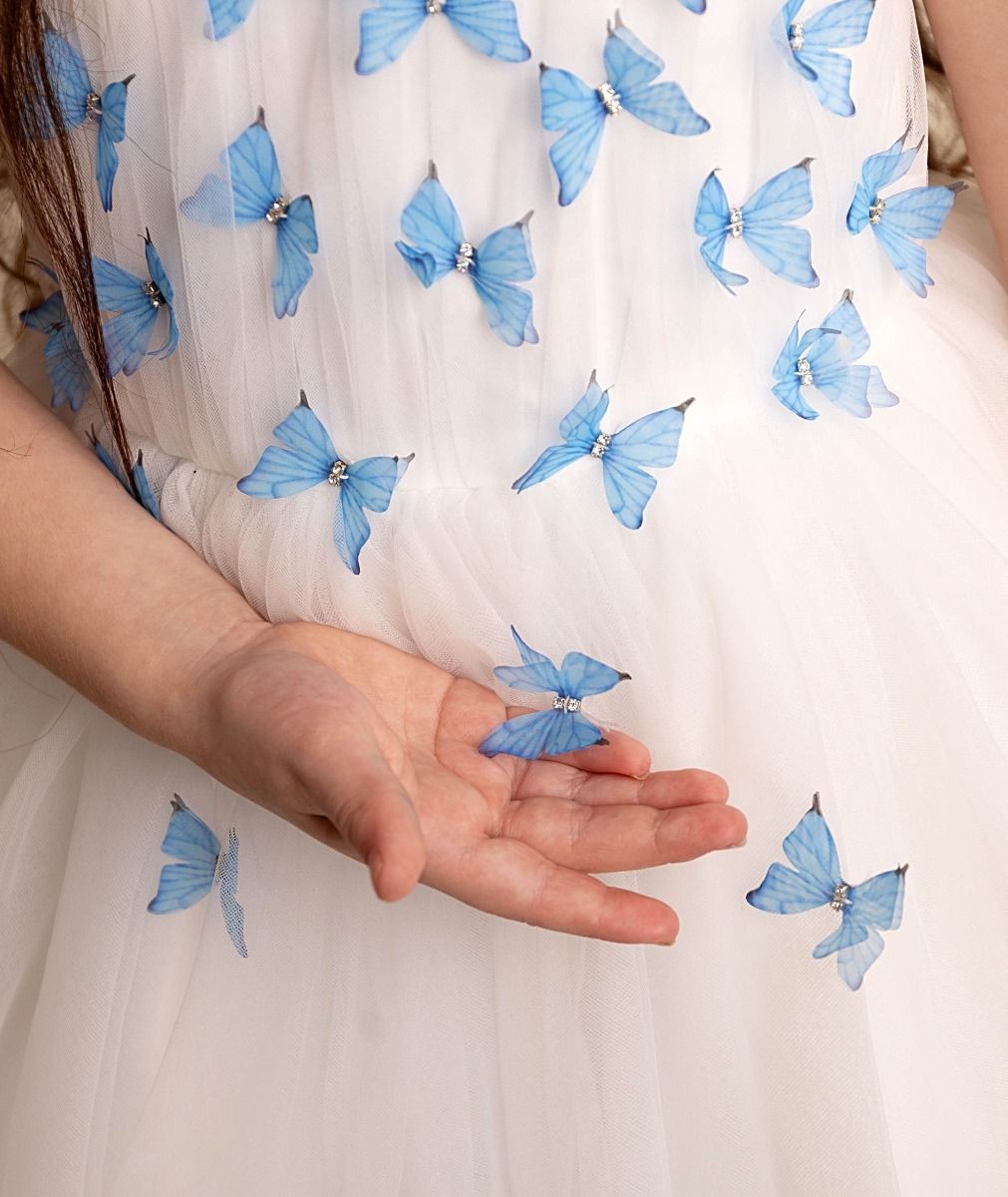 Girls Tulle Dress with Butterfly Appliques - PARIS - Blue