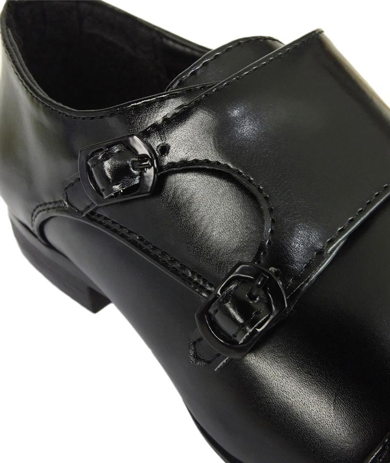 Boys Double Velcro Black Monk Shoes - Black