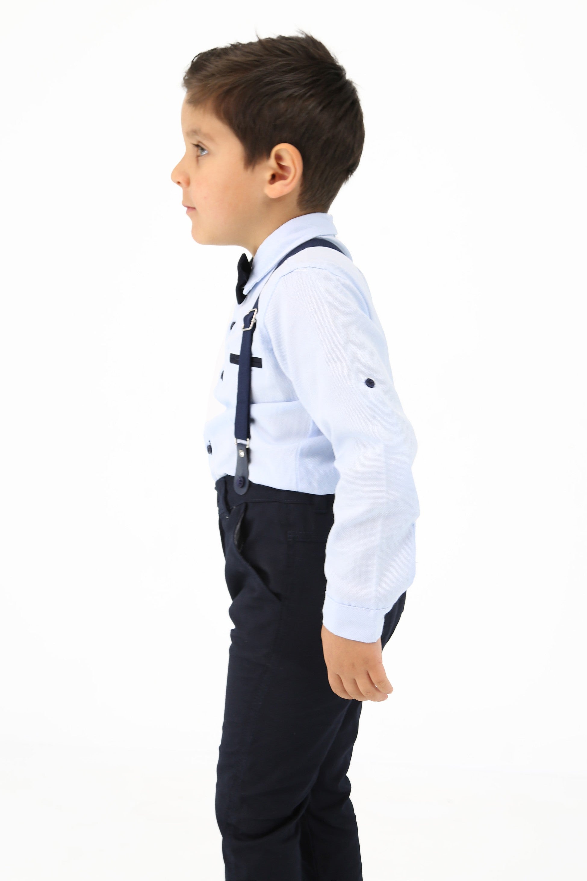 Baby & Boy Gentleman Outfit - 4 Piece Suspenders Pant Suit Set - OXFORD - Light Blue - Navy Blue