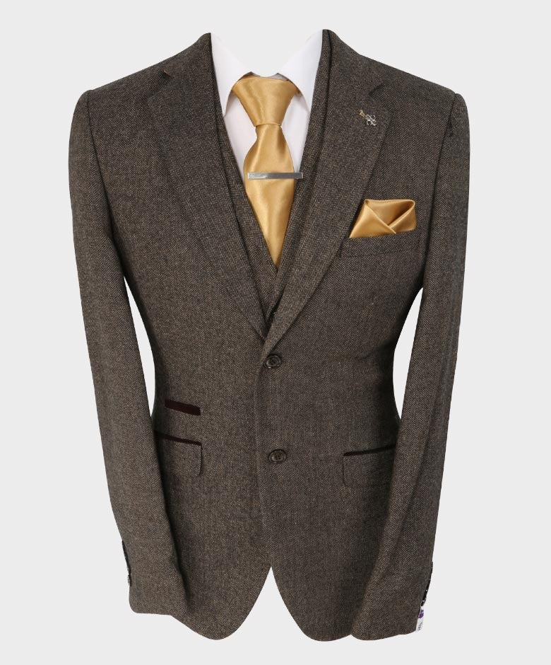 Men's Herringbone Tweed Slim Fit Suit Jacket - MARTEZ - Brown