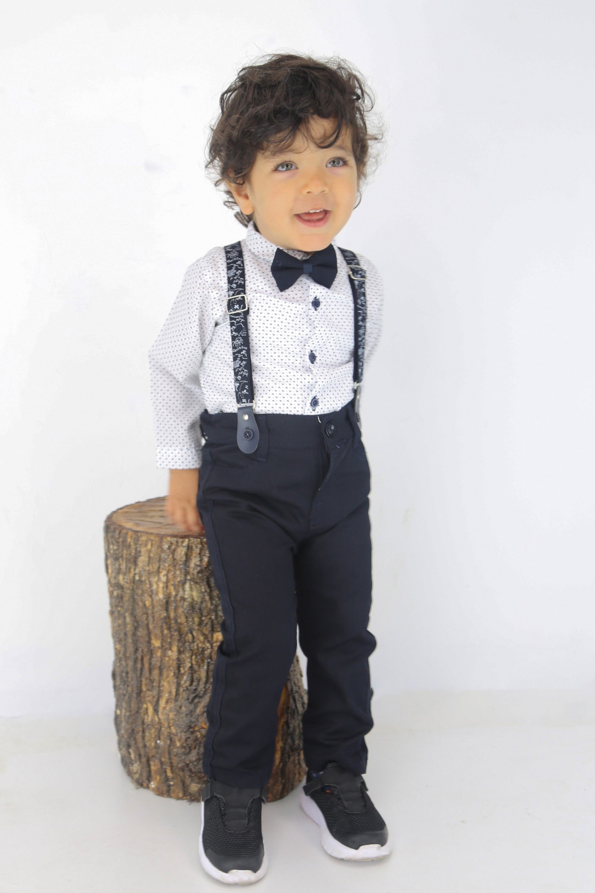 Baby Boys Gentleman Outfit - 4 PC Suspenders Pant Suit Set - BIRD - Navy