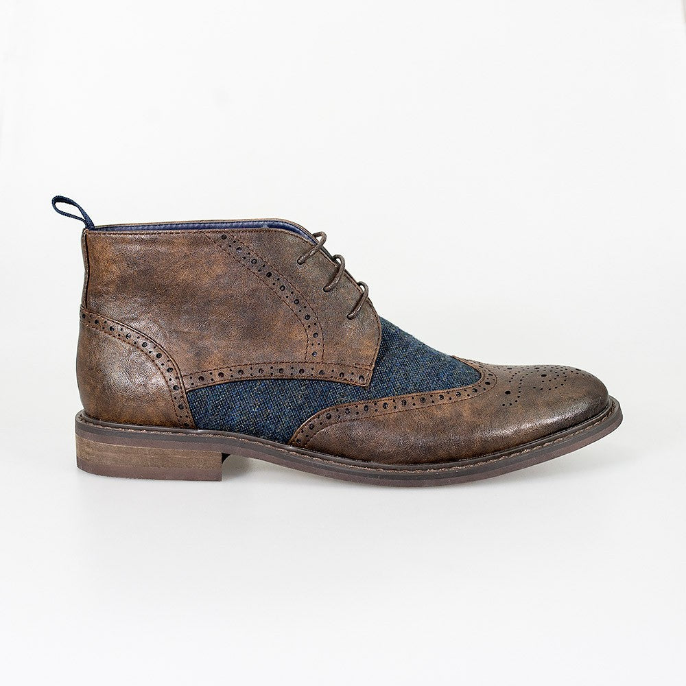 Men's Tweed Brogue Ankle Boots - CURTIS - Dark Brown