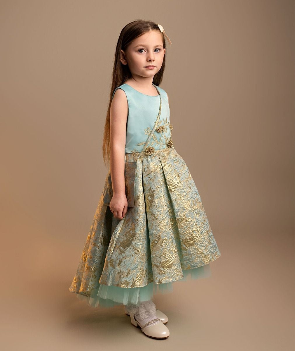 Girls’ Blue & Gold Brocade Dress Set - Tamia - Blue and Gold