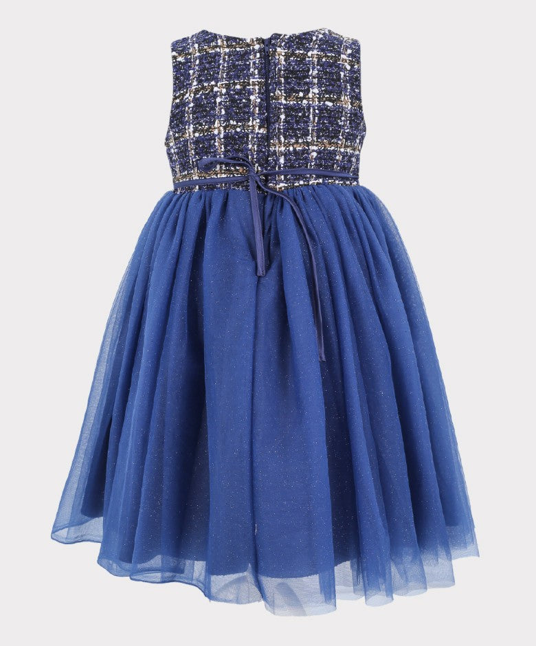 Girls Navy Blue Tweed Puffy Dress - Navy Blue