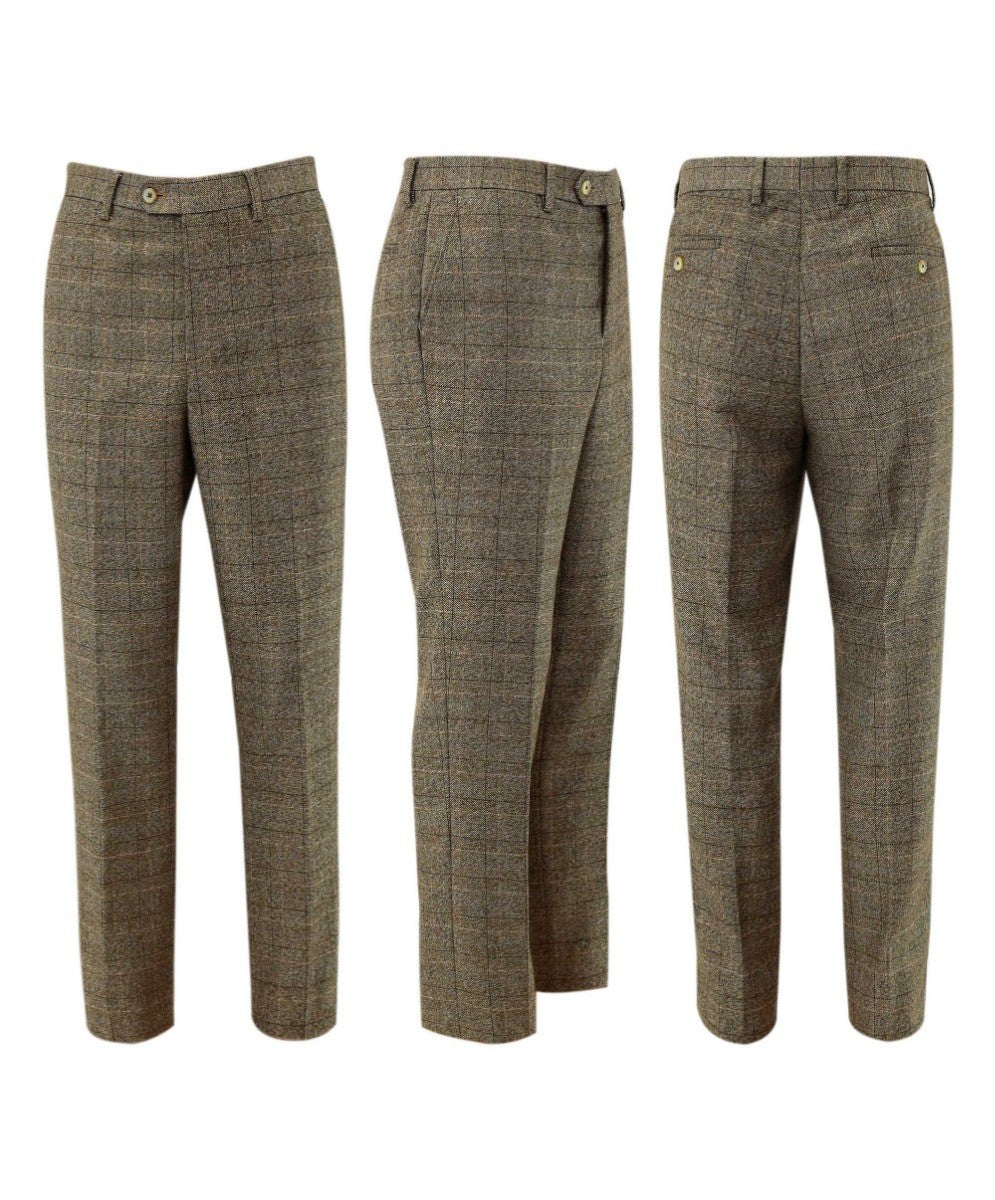 Men's Tweed Windowpane Check Trousers -MARCELLO DANIEL 5471T BEIGE - Beige