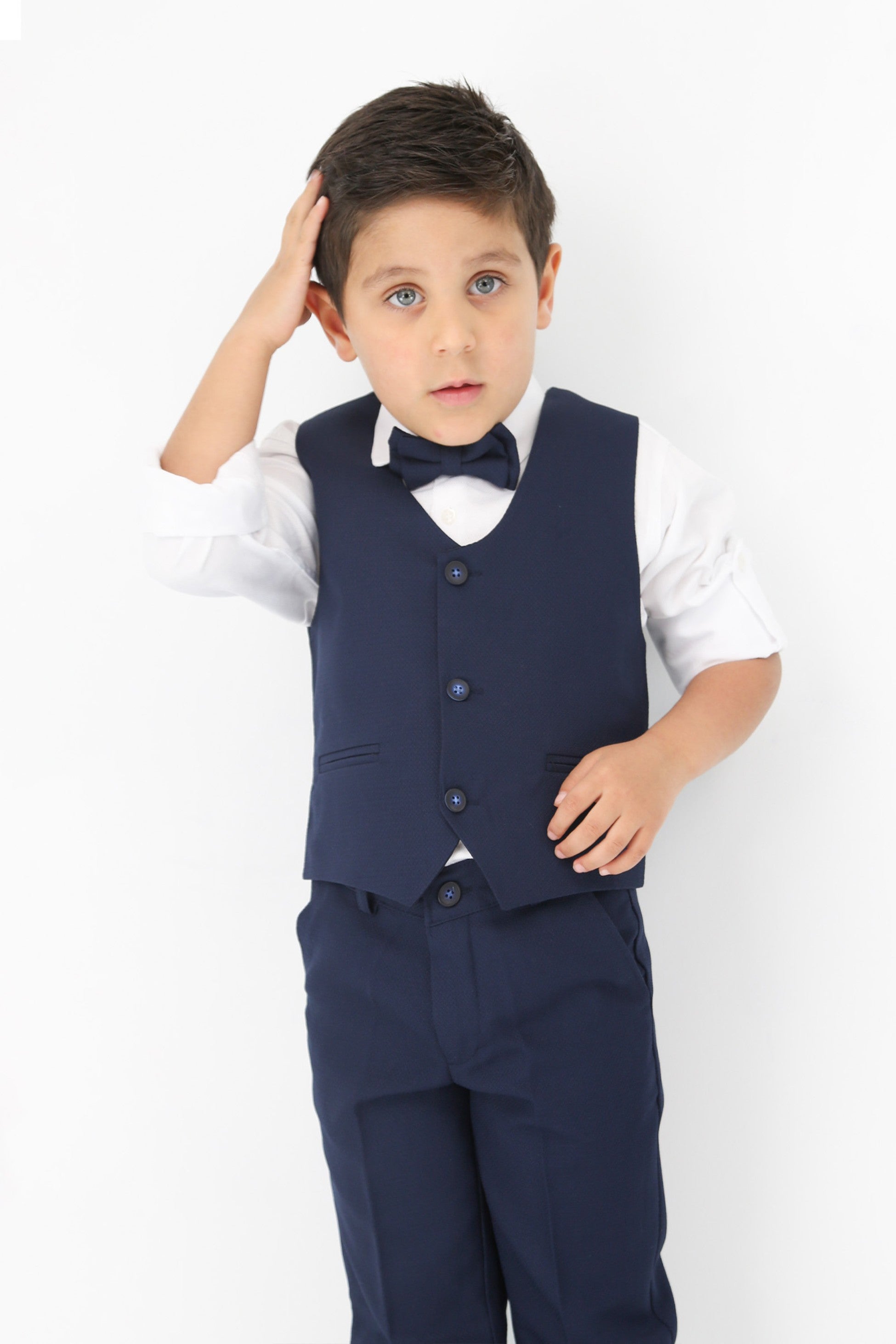 Boys' Slim Fit Textured Waistcoat Suit Set, Formal Outfit - Navy Blue