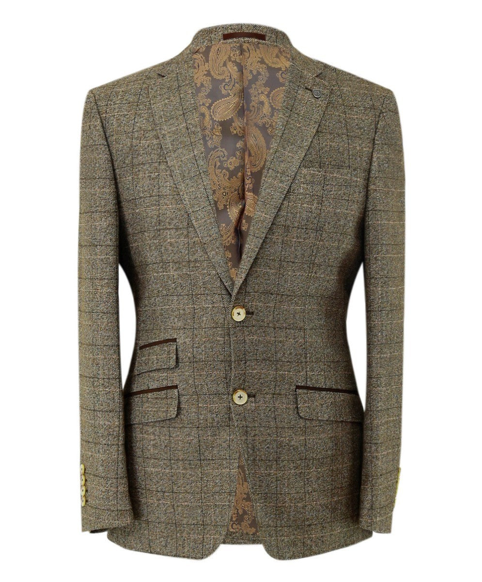 Men's Tweed Windowpane Check Suit Jacket - LIAM Beige - Beige