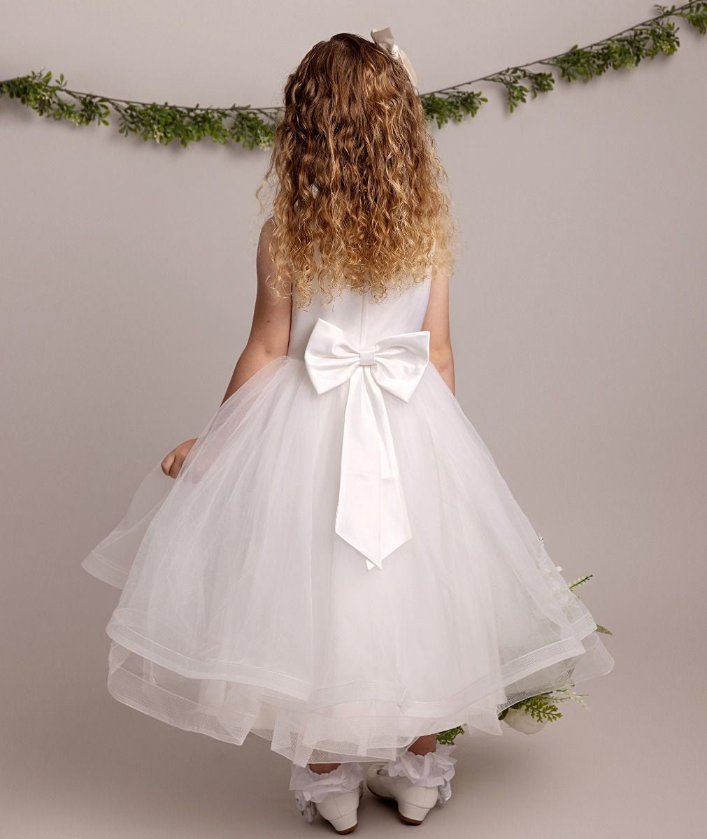 Girls Ivory Floral Embroidered Tulle Dress - RAQUEL - Ivory