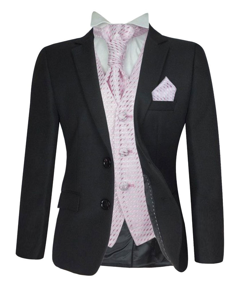 Boys Formal Suit with Patterned Waistcoat and Cravat Set - Antonio - Black - Pink