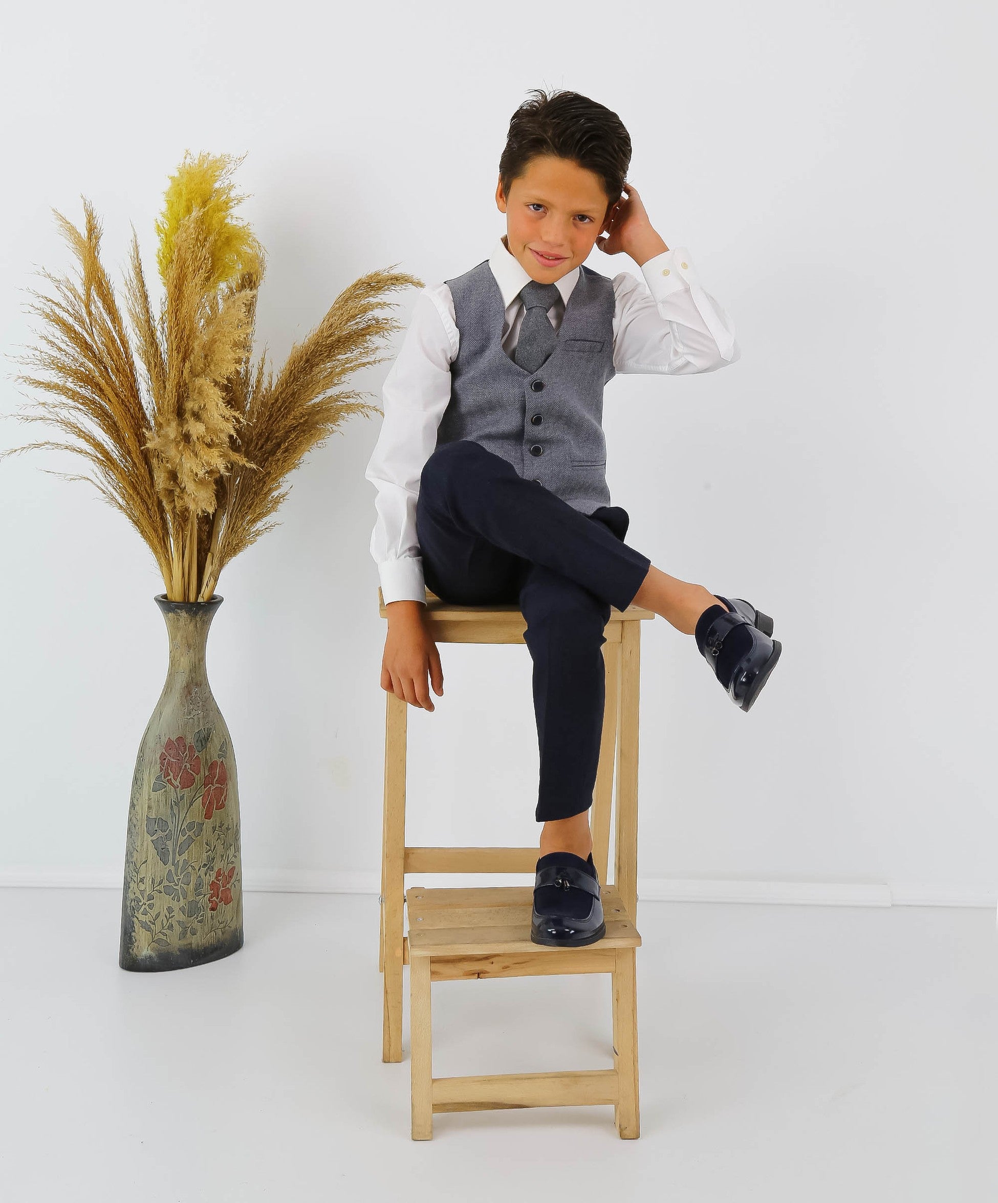 Boys Herringbone Tweed Waistcoat Suit - Navy Blue