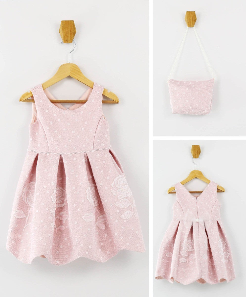 Girls Sleeveless Floral Embroidered Dress Set - Baby Pink