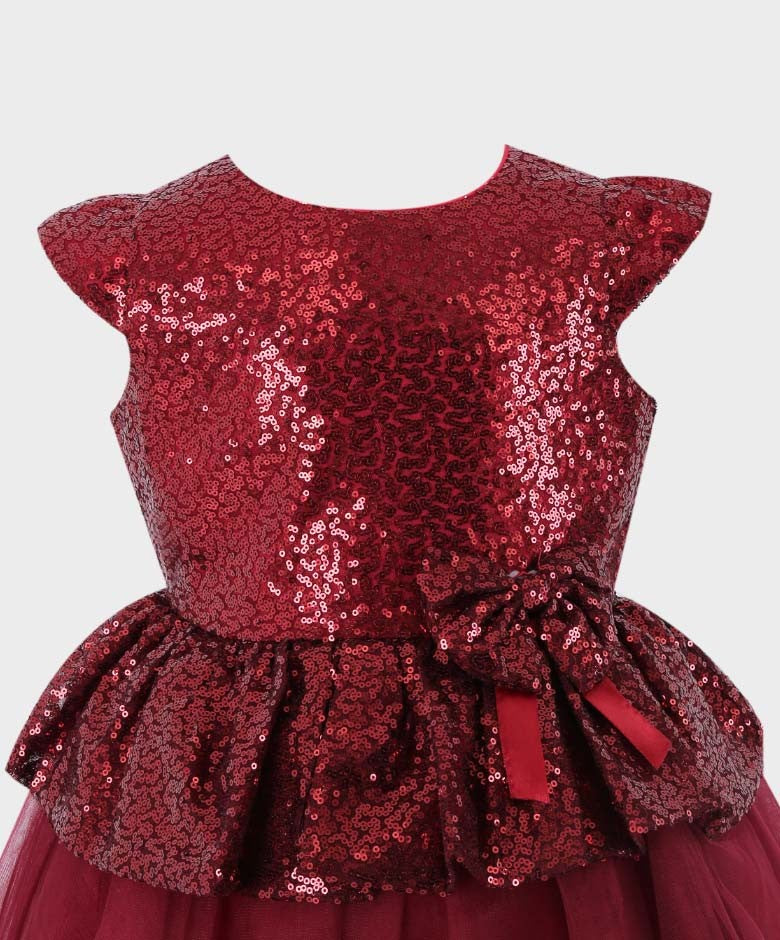 Girls Sequin and Tulle Puffy Dress - Wine Red