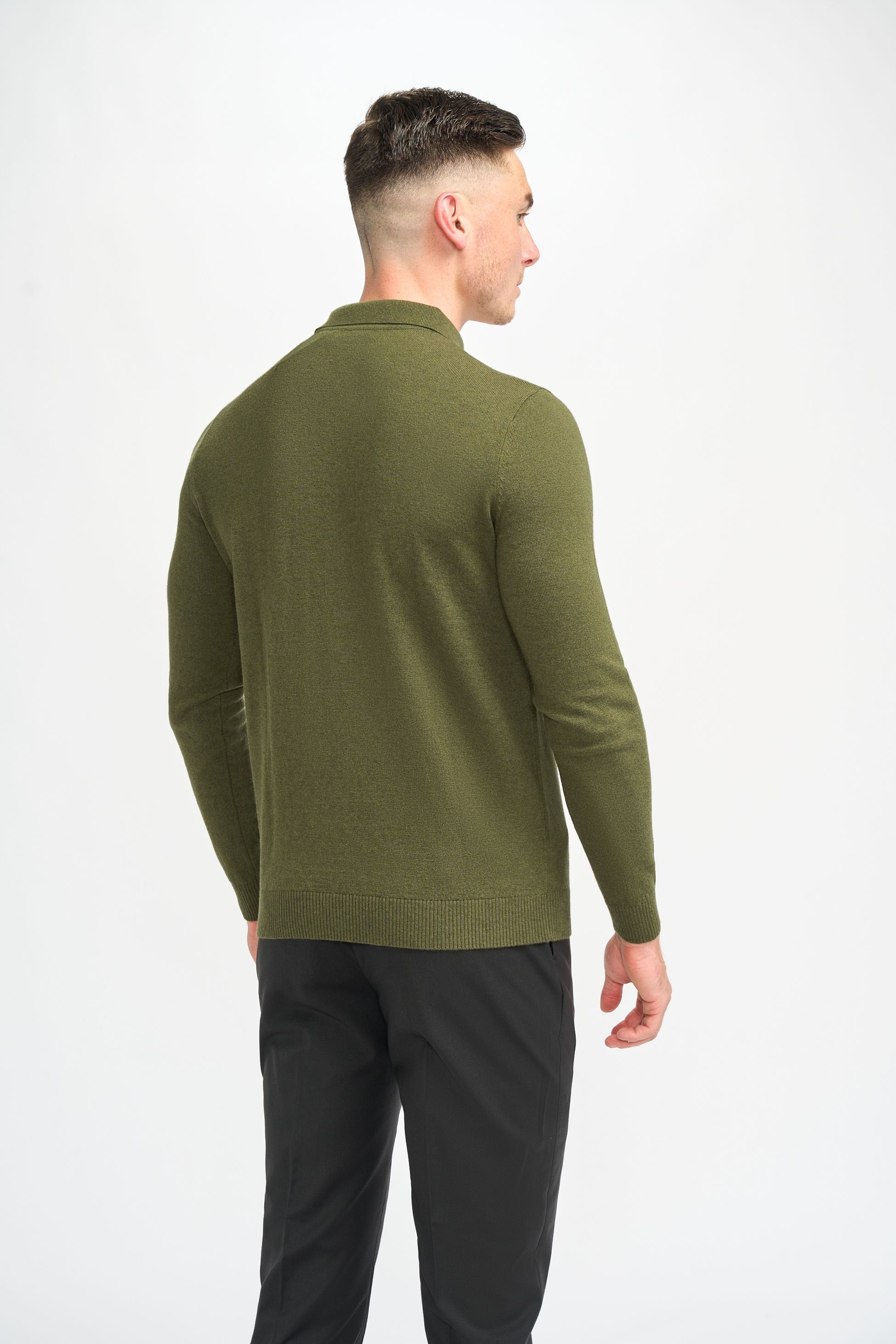 Men’s Wool Knit Long Sleeve Polo Shirt - Boom - Olive Green