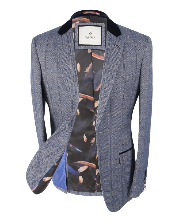 Men's Slim Fit Tweed Check Blue Suit - CONNALL - Blue