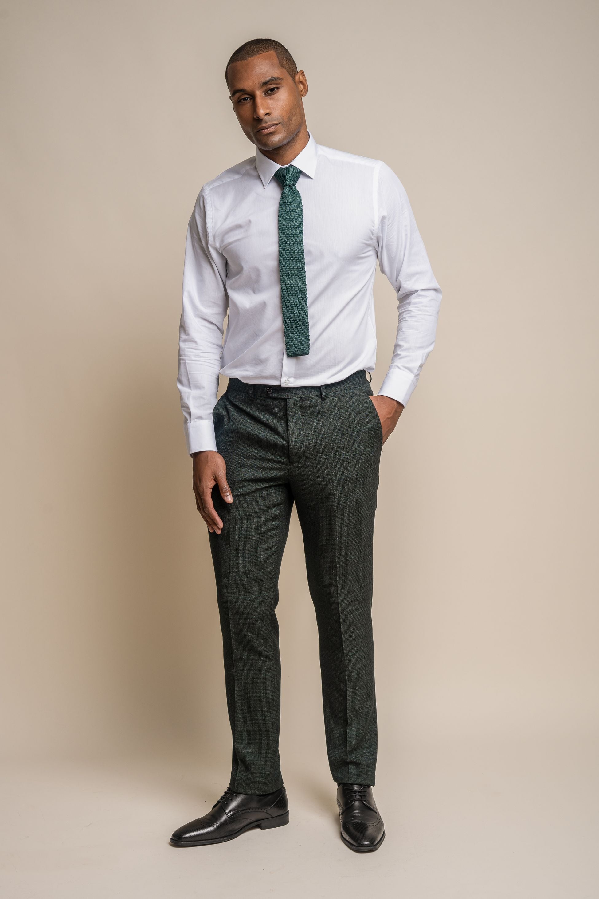 Men's Tweed Houndstooth Check Slim Fit Trousers - CARIDI - Olive Green