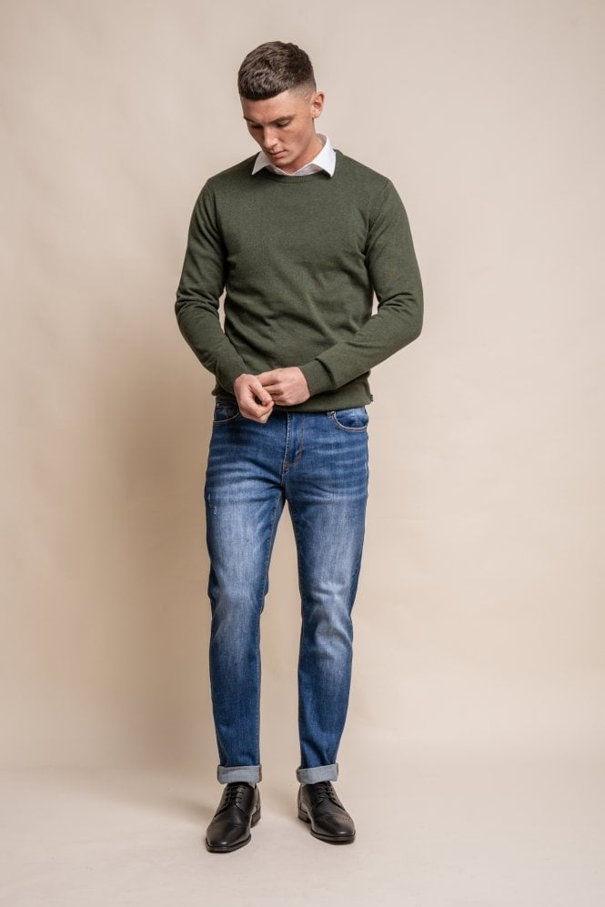 Men's Cotton Slim Fit Crewneck Jumper - Olive Green