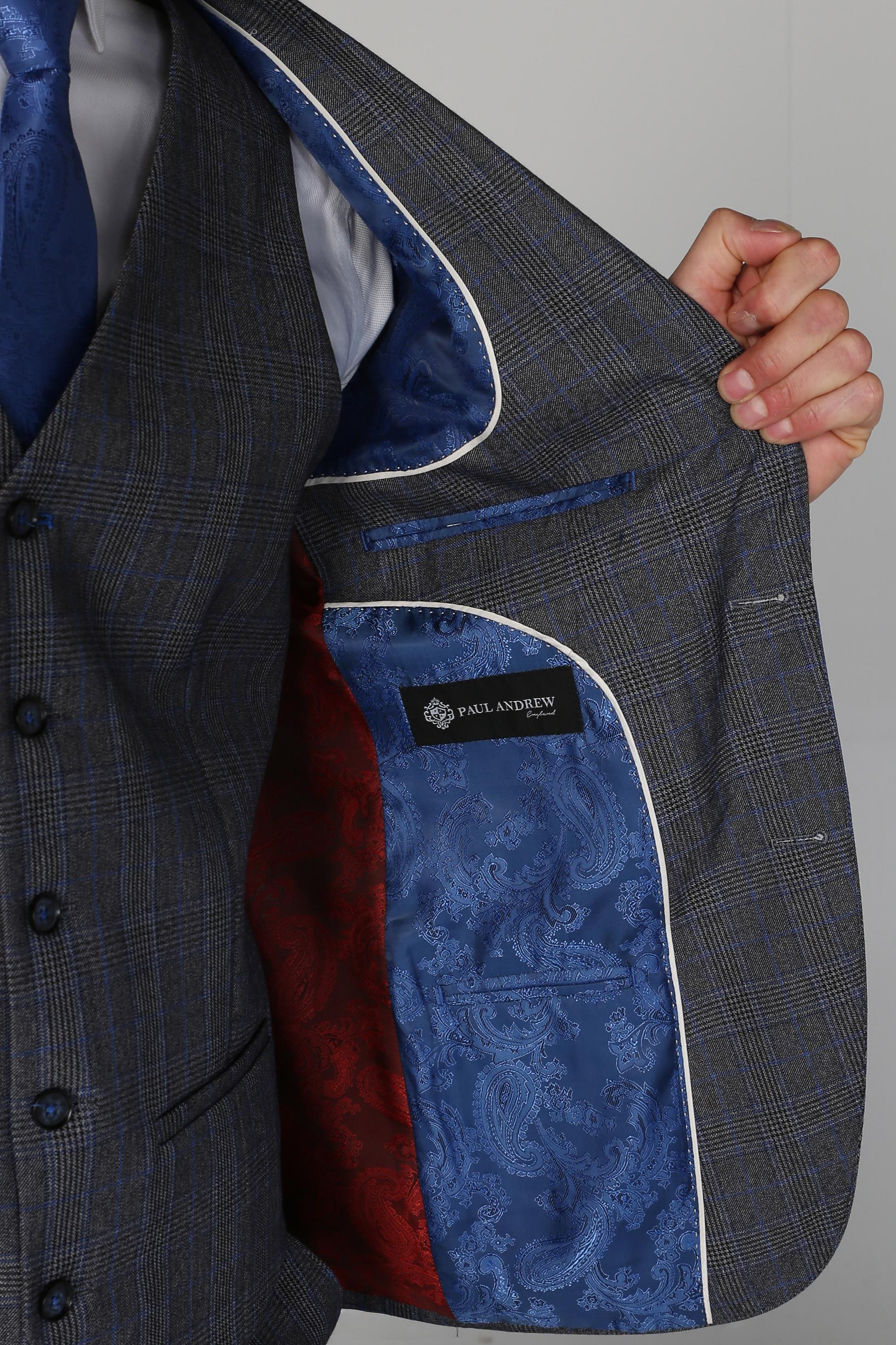 Men's Check Textured Tailored Fit Formal Suit - HENRY - Grey - Blue