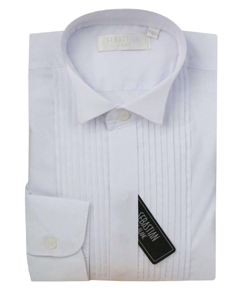 Boys Pleated Wing Collar Tuxedo Shirt - White